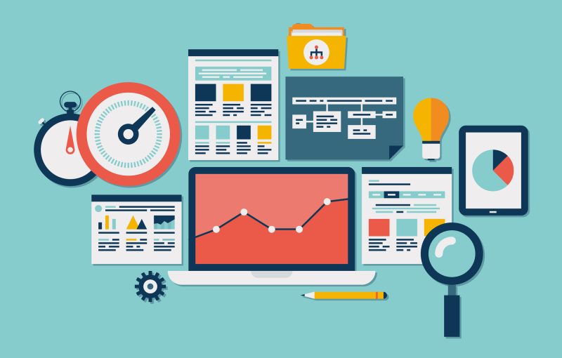 Flat design vector illustration icons set of website SEO optimization, programming process and web analytics elements. Isolated on turquoise background